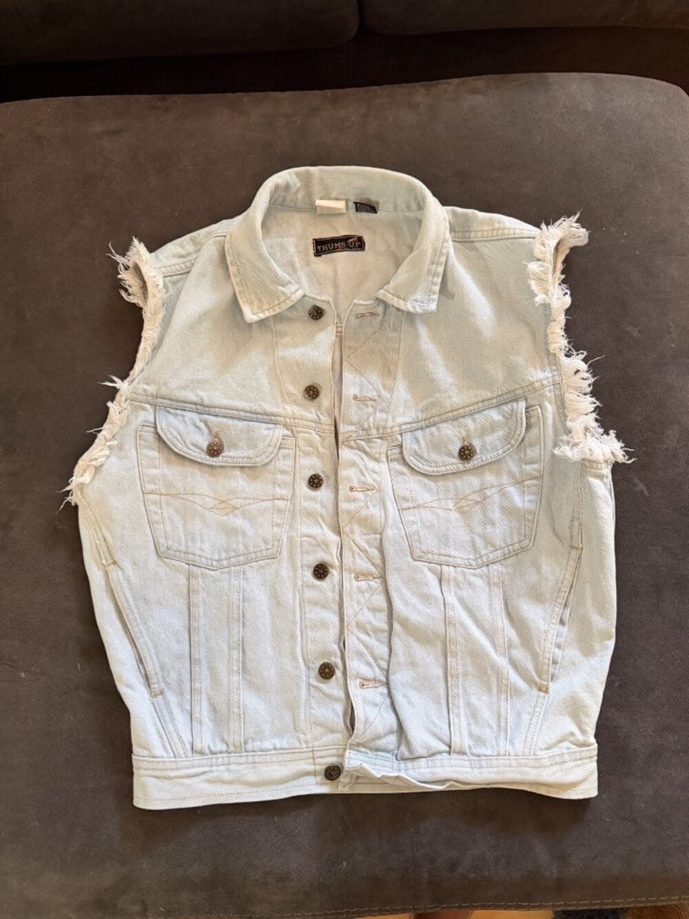 Vintage Thums Up Sleeveless Light Blue Denim Vest With Frayed Edges Size S